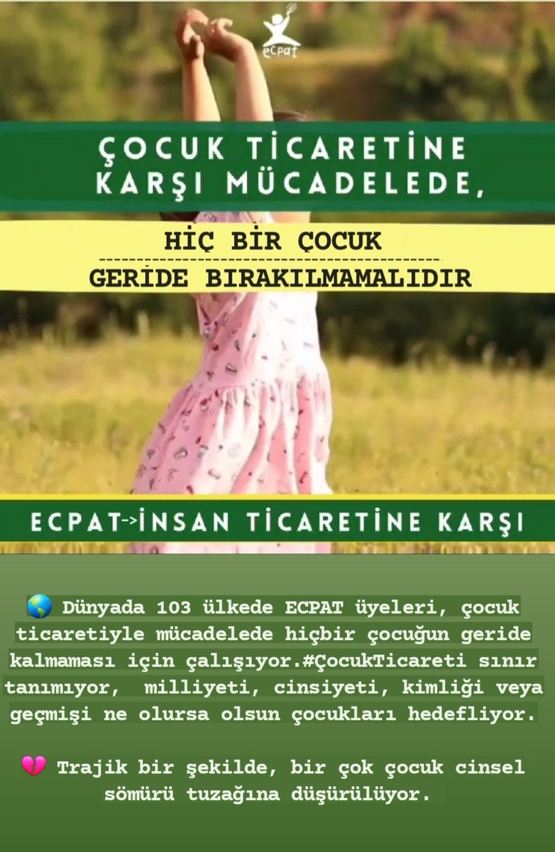 🌎 Dünyada 103 ülkede ECPAT üyeleri, çocuk ticaretiyle mücadelede hiçbir çocuğun geride kalmaması için çalışıyor.
#ÇocukTicareti sınır tanımıyor,  milliyeti, cinsiyeti, kimliği veya geçmişi ne olursa olsun çocukları hedefliyor. <a href="/SAntakyalioglu/">Av.Şahin Antakyalıoğlu</a> <a href="/ECPAT/">ECPAT International</a> <a href="/MehtapTamer/">Mehtap Tamer</a> <a href="/AvEsragnlkrmz/">Esra SERDAROĞLU GÖNÜLKIRMAZ</a>