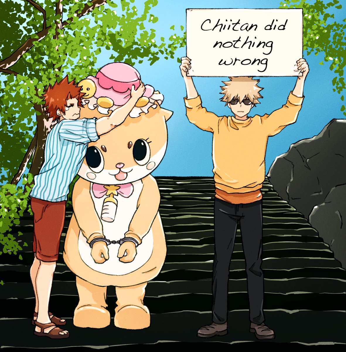 Krbk Month 2023 Day 1 - Vacation  

Kiribaku taking a little break from their hiking vacation in Kōchi to raise public support for the release of fellow unconventional h̶e̶r̶o̶ mascot Chiitan, arrested yet again for disorderly conduct and property damage.

#kiribaku #KRBKMonth23