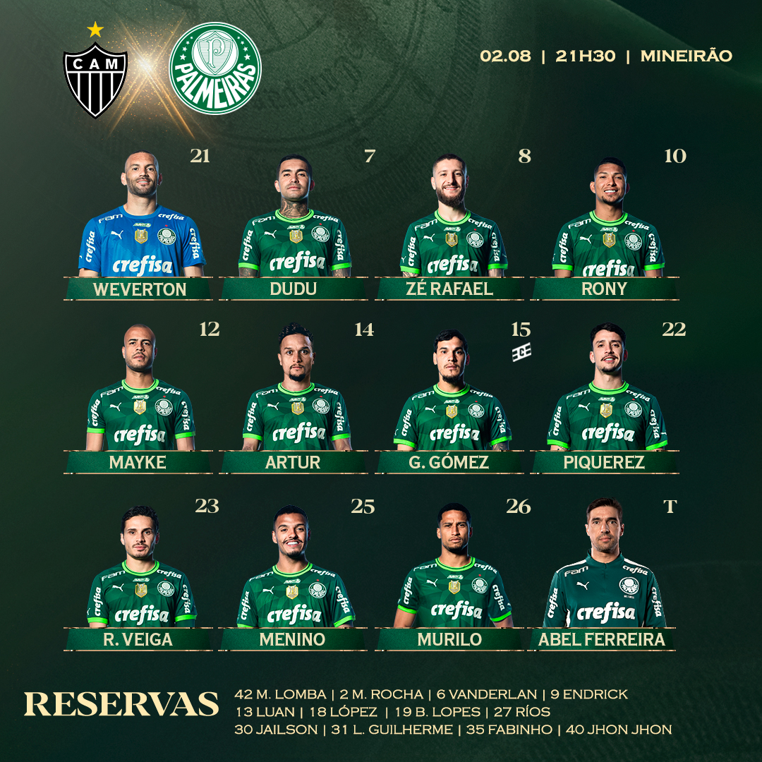 Palmeiras's tweet photo. A escalação do #MaiorCampeãoDoBrasil! 🐷🗒️

Estamos prontos para os primeiros 90 minutos! 👊

#AvantiPalestra #CAMxPAL
#AlmaECoração https://t.co/JJghRQ9lti