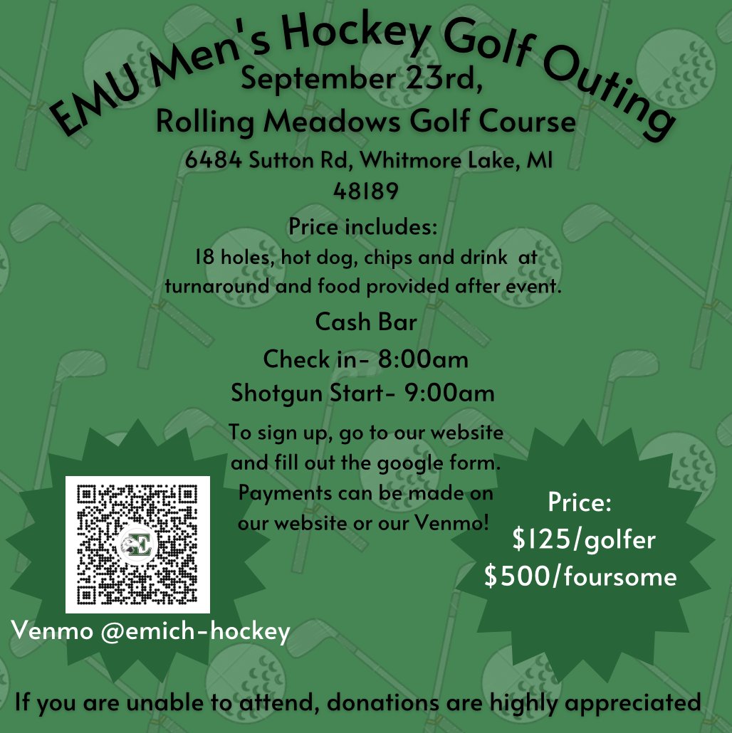EMUHockey's tweet photo. Join us September 23rd at 8:00am for our first annual golf outing! To sign up go to our website or fill out the google form below. 
https://t.co/cvNg7ZrIDX 
Want to sponsor EMU Men's Hockey? View our sponsorship packages and fill out the google form below! https://t.co/0Wm5pp3uZS https://t.co/cnaghgxXfg
