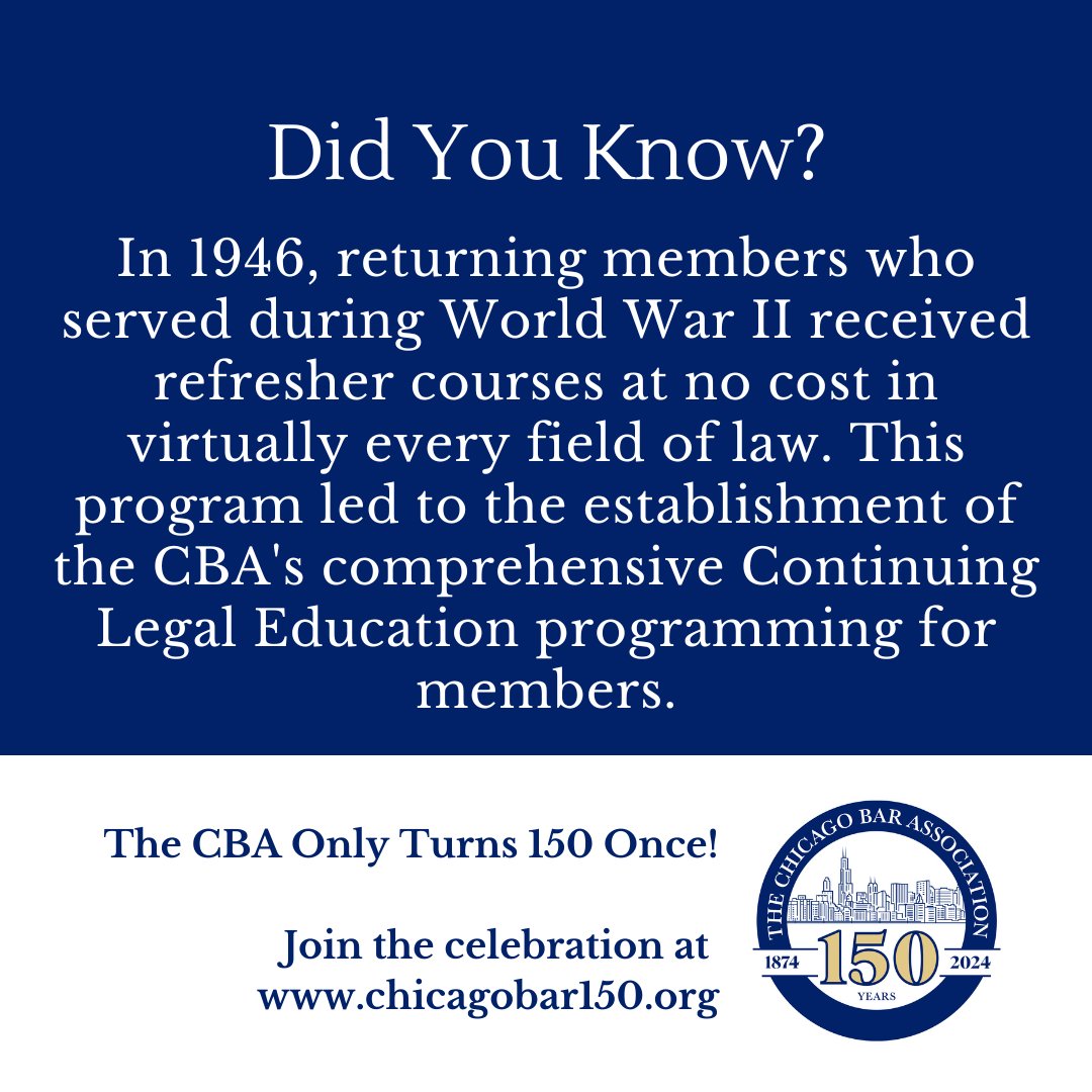 ChicagoBarAssoc's tweet photo. The CBA produces 250+ CLE programs every year. Check out all the CLE the CBA has to offer at https://t.co/0QUr8lsPqR. #CBA150 https://t.co/WaFTGn0NLd