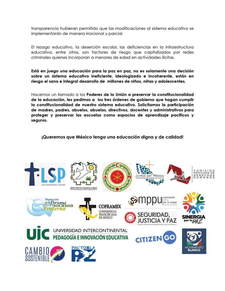 📣  COMUNICADO  En México queremos una educación para la paz 🇲🇽🕊
La educación es una herramienta poderosa para el desarrollo humano integral. Es el cimiento sólido sobre el cual se construyen ambientes pacíficos y se cultiva la corresponsabilidad de ciudadanía. 
 #ConLosNinosNo