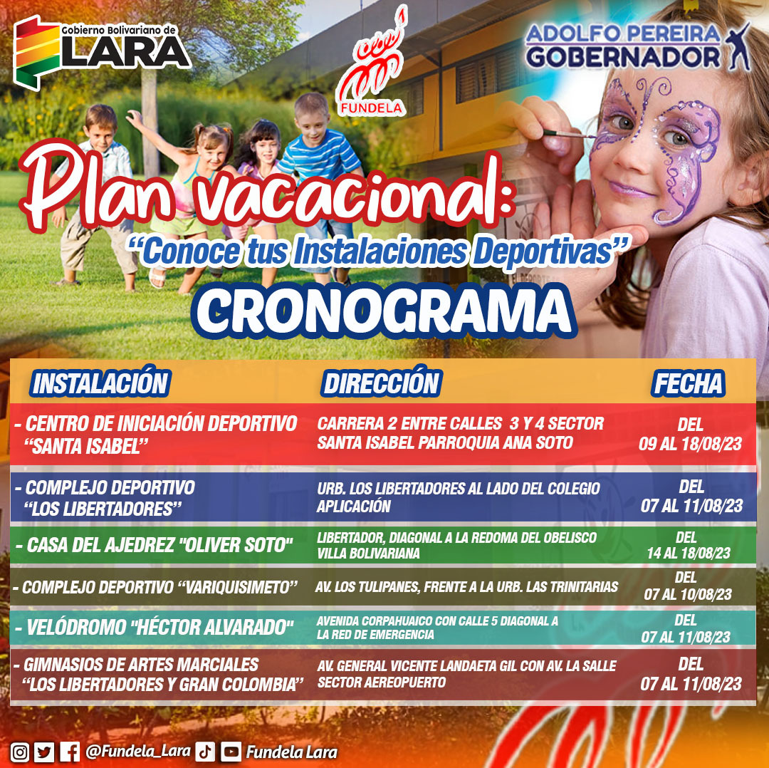 #2Ago El Gobernador <a href="/AdolfoP_Oficial/">Adolfo Pereira Gobernador</a> y <a href="/FUNDELA_LARA/">FUNDELA</a> invitan a participar en el Plan Vacacional "Conoce tus Instalaciones Deportivas", dirigido a los niños y niñas el cual será desarrollado en las diferentes instalaciones deportivas de alto rendimiento. 
#GoogleCensuraAlPueblo