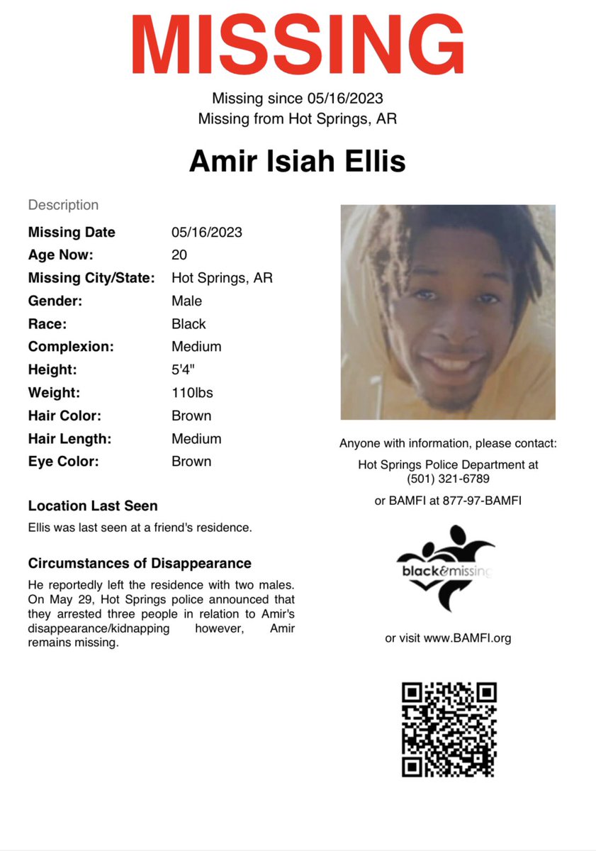 Where is #AmirEllis
He is 20 years old and became missing in Hot Springs, Arkansas in 2023. There are currently people connected to his disappearance behind bars. He has yet to be found. #WhereAreTheyWednesday