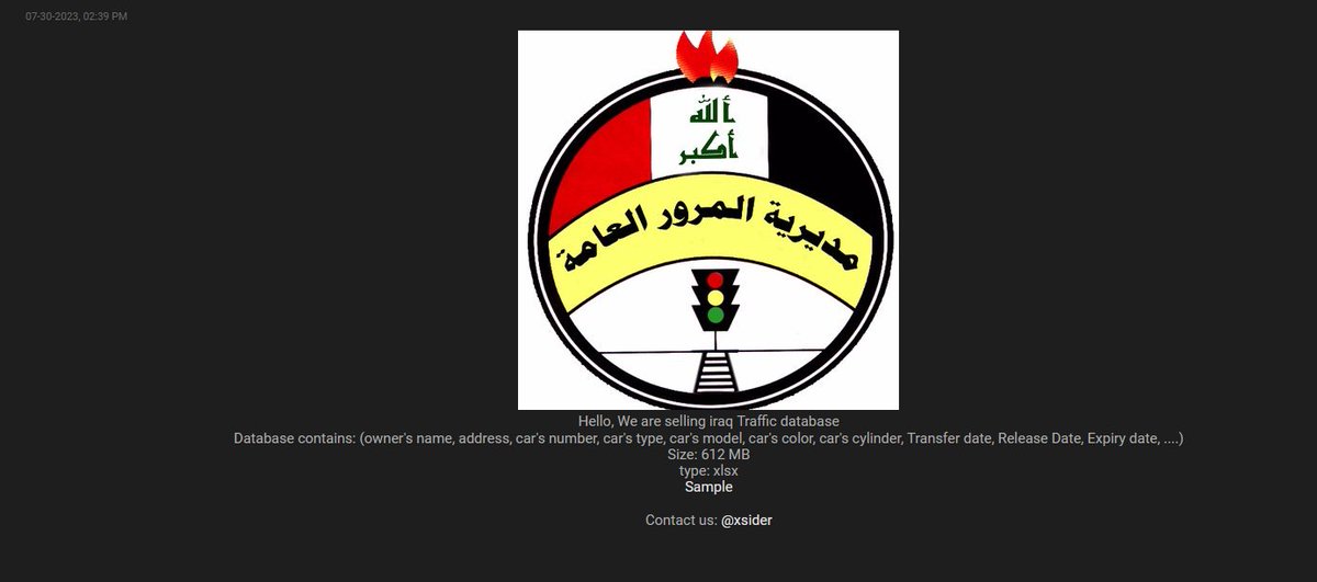 ⚠️Detect Data⚠️
Threat Actor: "SIDER"
Content:   "Iraq Traffic Database.- #Leaked!"
Type: "#Dataleak"

#infosec #CyberSec #DataBreach
🔹Data Leak monitoring🔹