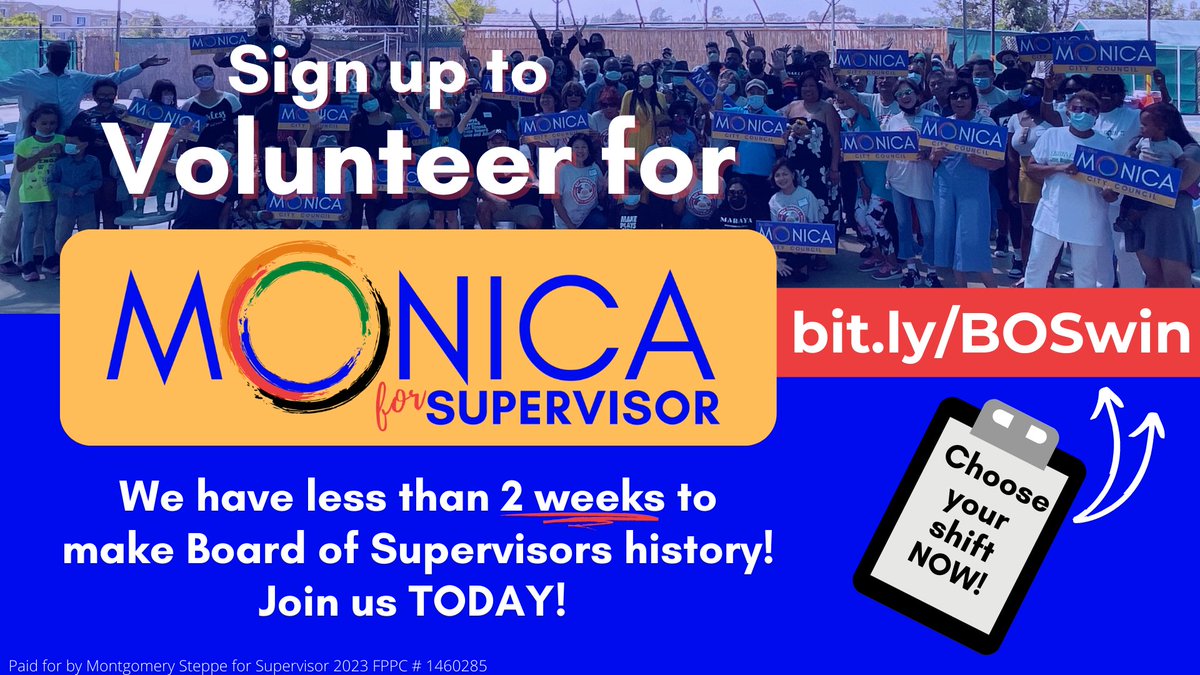 Monica4SanDiego's tweet image. We are on the precipice of making history by electing the first-ever Black Woman to the San Diego Board of Supervisors. But we need your help to do it! 

Sign up TODAY to volunteer between now and Election Day: bit.ly/BOSwin