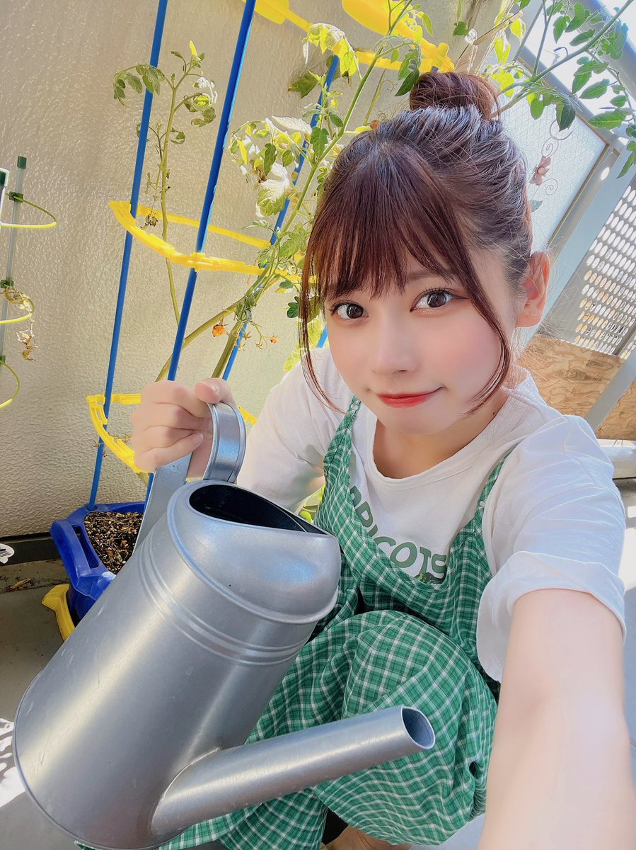 1girl solo watering can green apron looking at viewer brown hair shirt  illustration images