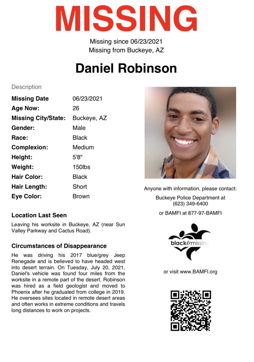 Where is #DanielRobinson
He is 26 years old and has been missing since June23, 2021 in Buckeye, Arizona. It's now 2023 and he has yet to be found.
#WhereAreTheyWednesday