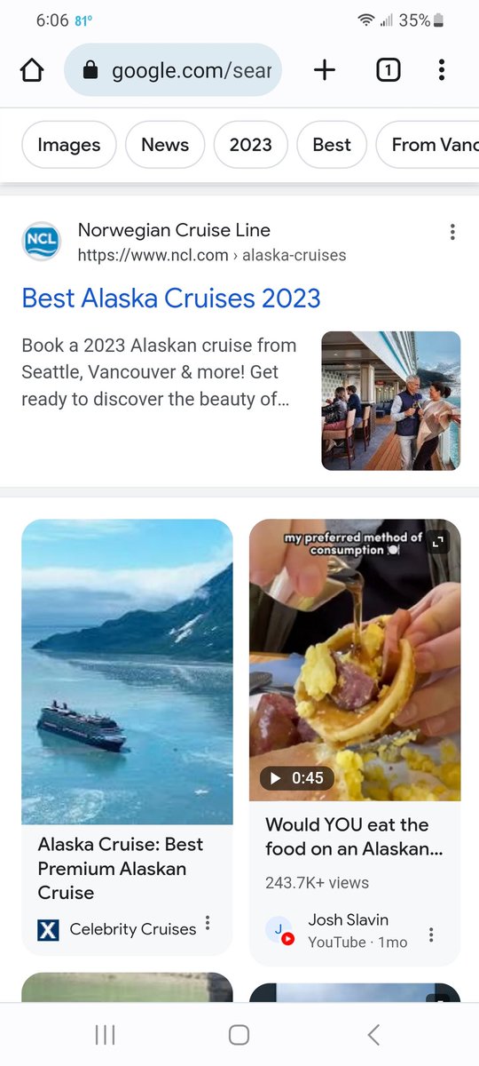 DanLauer22's tweet photo. @rustybrick @glenngabe @lilyraynyc I did a search for Alaska cruises..1st result organic then PAA then 3 three more links...then it's all these cards side by side for the rest of the organic...I've never seen this before on mobile...is this new? https://t.co/B3wB6Iq6GH