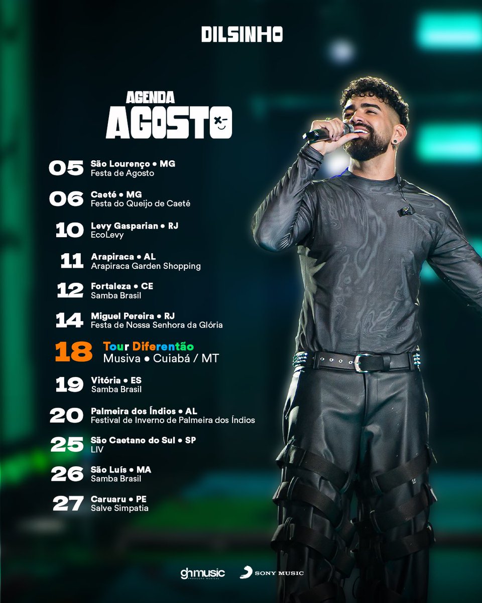 dilsinho's tweet photo. o mês de agosto chegou e vamos dar início a turnê DIFERENTÃO pelo Brasil ×͜-

me diz aqui nos comentários em qual show a gente se encontra… https://t.co/DAczY5Uy12