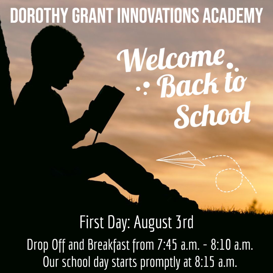 Hello DGIA Family,

Tomorrow is our first day of school! We are so excited to welcome our students and families. Our school campus opens at 7:45 a.m. and our school day begins at 8:15 a.m. Have a great evening and we will see you tomorrow!