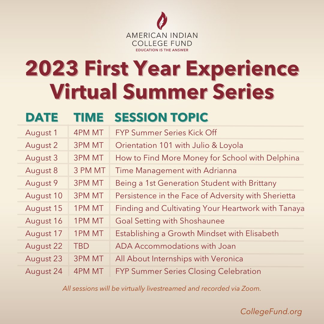 NativePathways's tweet photo. Here is the full schedule of events for the 2023 First Year Experience Virtual Summer Series. Register for your favorite session today and learn more about how to win some awesome prizes! ✨ 

#EducationIsTheAnswer #ThinkIndian #AmericanIndianCollegeFund https://t.co/MTngIk1wrQ