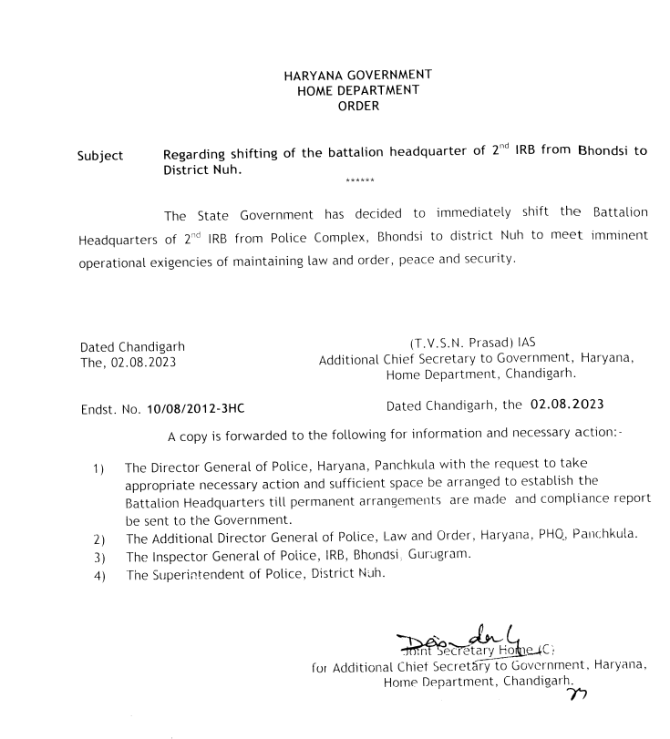 ANI's tweet photo. Haryana Government has decided to immediately shift the Battalion Headquarters of 2nd IRB from Police Complex, Bhondsi to district Nuh to meet imminent operational exigencies of maintaining law and order: Haryana Govt https://t.co/jm5MSGNdva