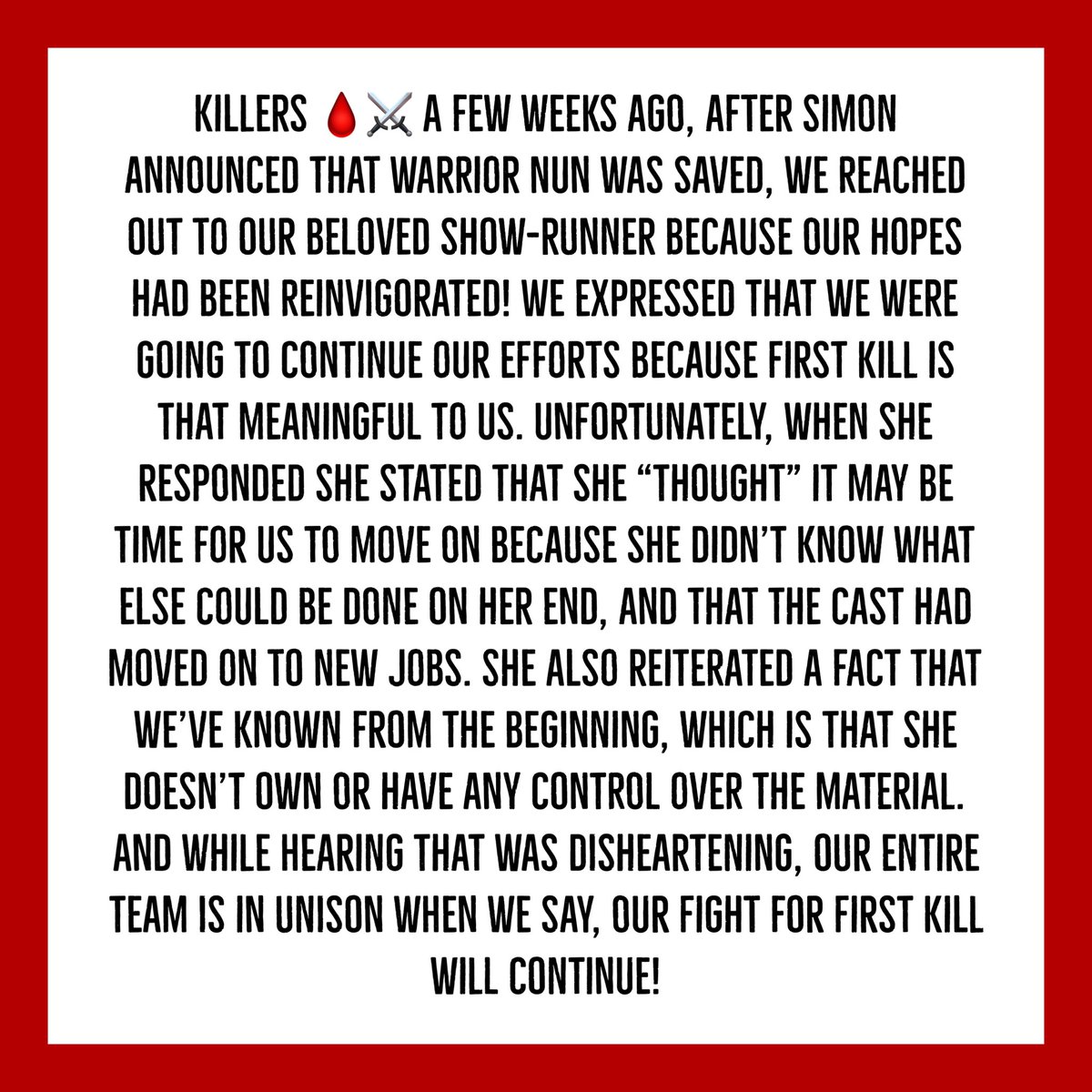 SaveFirstKill's tweet image. Our team’s mission will always remain the same, no matter what! #SaveFirstKill 🩸⚔️ #FirstKill4Ever