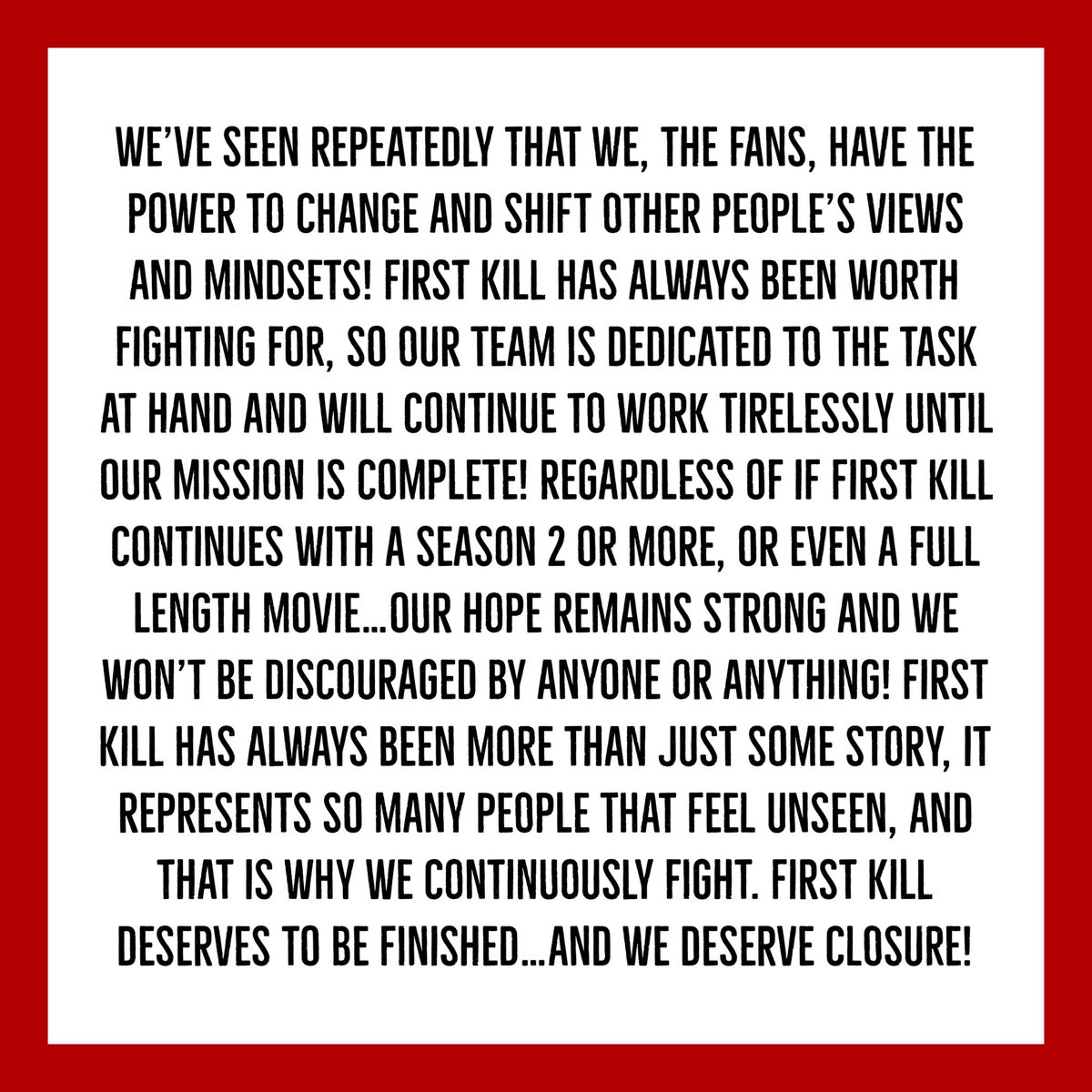 SaveFirstKill's tweet image. Our team’s mission will always remain the same, no matter what! #SaveFirstKill 🩸⚔️ #FirstKill4Ever