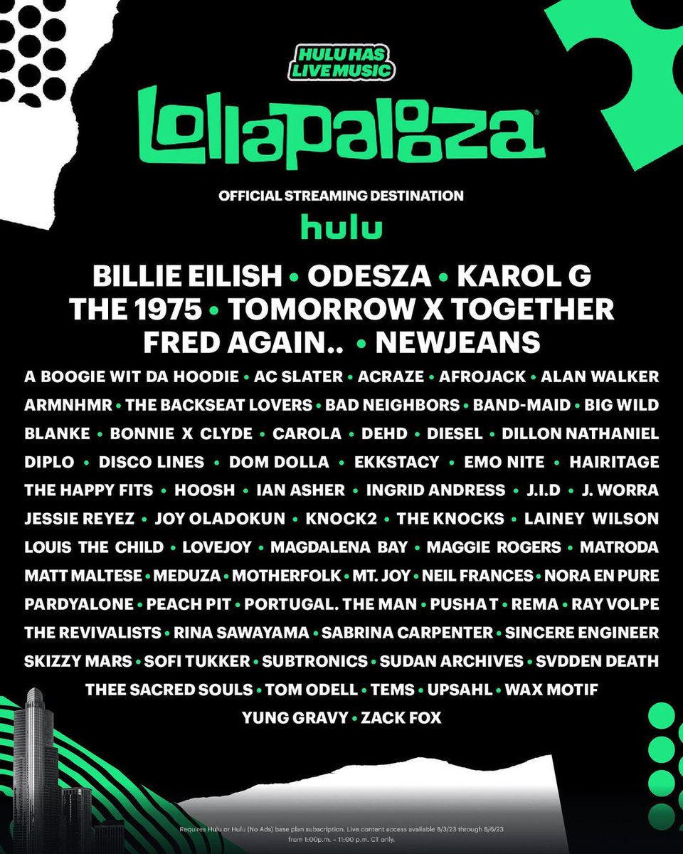 lollapalooza's tweet photo. Watch your favorite artists all weekend long on @hulu, the official streaming destination of #Lolla 2023 🤘 #HuluHasLiveMusic  

See the schedule + watch at https://t.co/fSx2Zi17T2 https://t.co/CRNKeI9EQ4