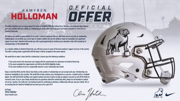 HollomanKamyren's tweet photo. Beyond blessed to recover an official offer from Samford university 🐶@WilliamCulbre13 @850Kings @850Trailblazer https://t.co/x6VjDmn0kd