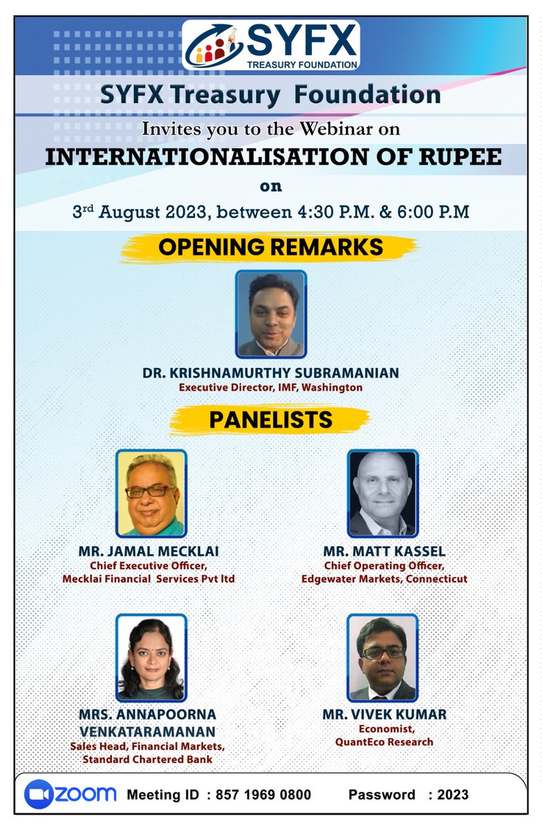 Will be participating in a panel discussion on 'Internationalisation of Rupee' on Aug 3rd at 4:30 pm IST. Thanks to <a href="/thyagufx/">Venkat Thiagarajan</a> from <a href="/SYFXTF/">SYFX Treasury Foundation</a> for the invite. Look forward to an eclectic exchange of ideas. Login details below. Do join.
<a href="/Quant_Eco/">QuantEco Research</a> <a href="/ShubhadaRao/">shubhada rao</a> <a href="/yuvika_singhal/">Yuvika Singhal</a>