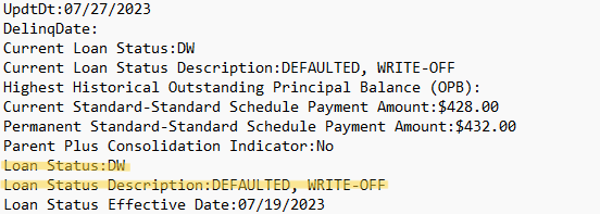 @FAFSA @edfinancial @edfinancial @FAFSA @usedgov why are Full Class BD Discharges appearing on student aid data as 'Paid In Full-DW' (Defaulted-Write Off). I've never defaulted & don't want to have my credit/ ability to get future loans jeopardized.  @EdDebtJustice #sweetvscardona #borrowerdefense