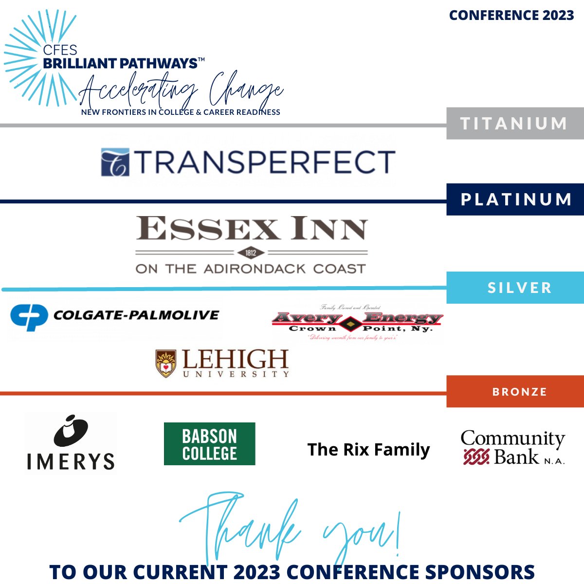 CFES Brilliant Pathways (@brilliantcfes) on Twitter photo Grateful for the amazing support from our early global conference sponsors! Their support is driving us closer to empowering the next generation of leaders and dreamers.
Learn more: brilliantpathways.org/our-program/gl…
#ConferenceFES <a href="/TransPerfect/">TransPerfect</a> <a href="/EssexInnEssex/">Esssex Inn</a> <a href="/CP_News/">Colgate-Palmolive</a> <a href="/LehighU/">Lehigh University</a> <a href="/babson/">Babson College</a> Grateful for the amazing support from our early global conference sponsors! Their support is driving us closer to empowering the next generation of leaders and dreamers.
Learn more: brilliantpathways.org/our-program/gl…
#ConferenceFES <a href="/TransPerfect/">TransPerfect</a> <a href="/EssexInnEssex/">Esssex Inn</a> <a href="/CP_News/">Colgate-Palmolive</a> <a href="/LehighU/">Lehigh University</a> <a href="/babson/">Babson College</a>