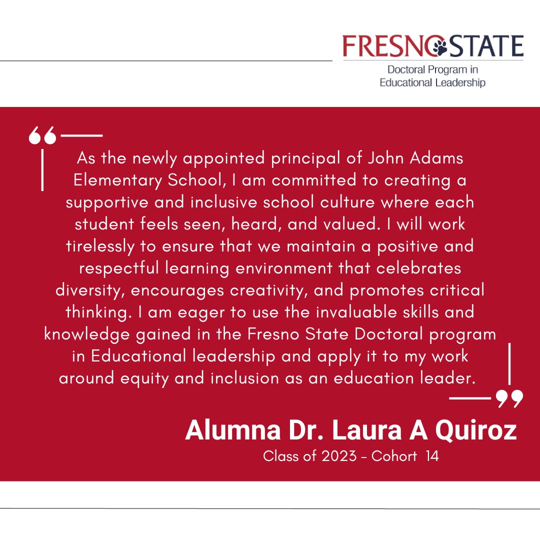 EdDFresnoState's tweet photo. Alumna Dr. Laura A. Quiroz was newly appointed as the principal of John Adams Elementary School, Congratulations✨🎉 
#EdDFresnoState #EdLeadership #EducationalLeadership https://t.co/1V9nm2jDau