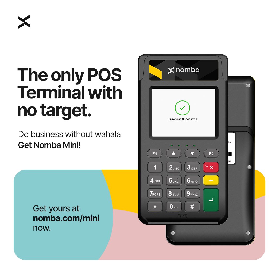 nombahq's tweet photo. You asked, we answered! 

Zero targets, lower transaction charges and a more affordable POS terminal. 

Get and own your Nomba Mini by clicking https://t.co/uMJ7F7OwMB now🚀

#NombaMini #MiniPOS #POSterminal #AffordablePOS https://t.co/6HtJPu20q6