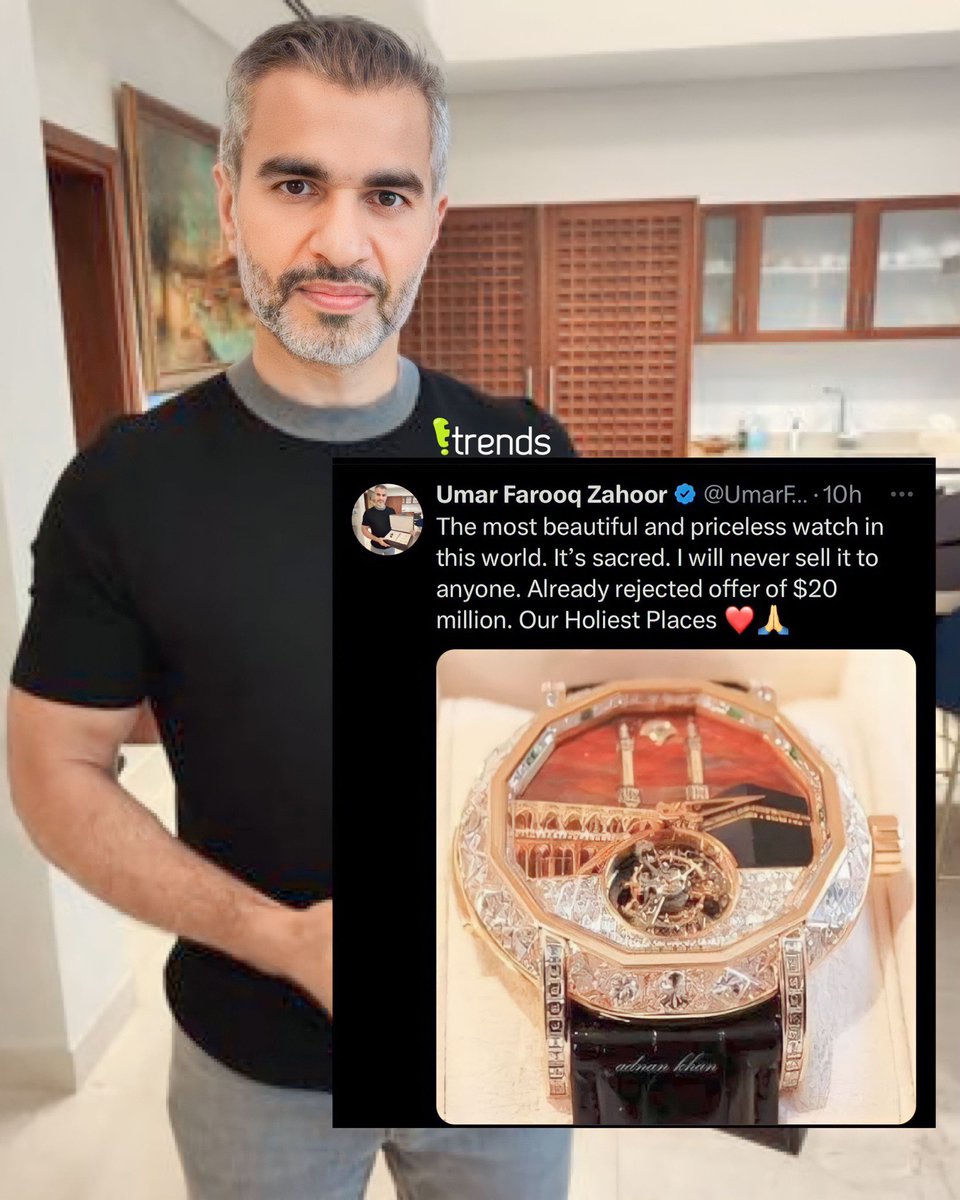 Etrendsdotpk's tweet photo. The renowned businessman, Umar Farooq Zahoor, claims that he received a $20 Million offer for the Graff Kabbah Watch and stated that he will never sell it to anyone.

#UmarFarooqZahoor #Graff https://t.co/4nuo1PkmXr