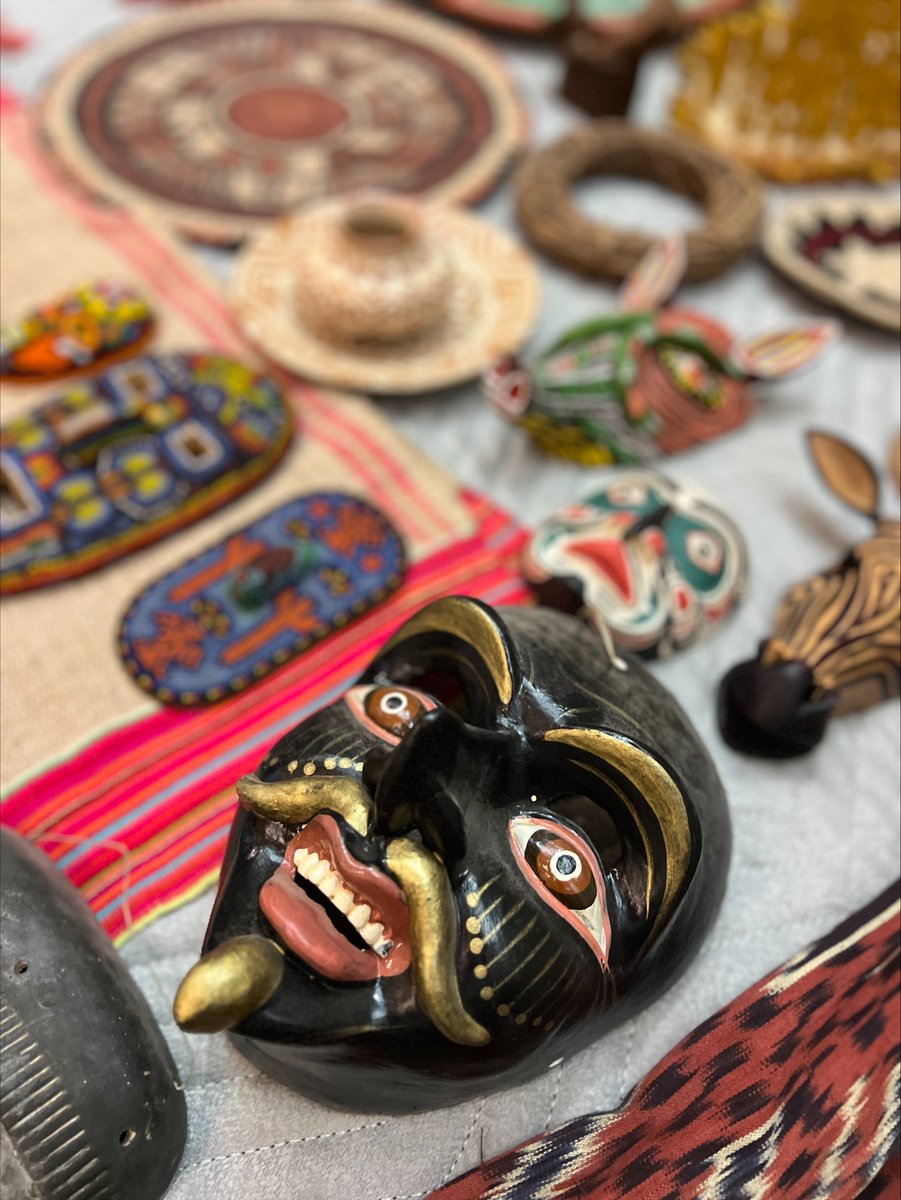 Our gallery is bustling with the arrival of precious folkloric artifacts generously donated by our former director, Amy Winter! Some of these artifacts will be thoughtfully incorporated into our collection, while others will be used for fundraising. *image:Huichol Beaded Masks.
