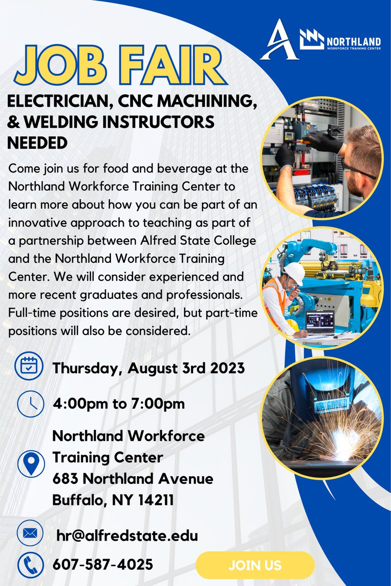 Join <a href="/AlfredState/">Alfred State College</a> here at <a href="/northlandWTC/">Northland Workforce Training Center</a> TOMORROW, 8/3, from 4-7pm to learn about the exciting opportunities available right now. Alfred State is currently seeking Electrician, CNC Machining, &amp; Welding instructors to work here at NWTC! 

RSVP today by emailing hr@alfredstate.edu.