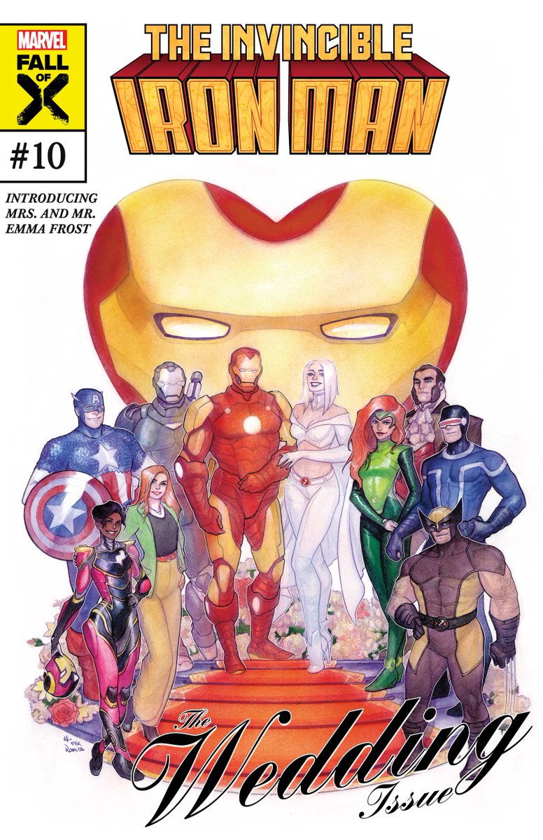 Marvel's tweet photo. You are cordially invited to the wedding of Mrs. and Mr. Emma Frost. 💍

In honor of the occasion, artist @MeghanHetrick has turned out two variant covers for 'Invincible Iron Man' #10, featuring the heroes in both super attire and fashionable formalwear: https://t.co/UtsYewH5dw https://t.co/dOrWdnyQYa