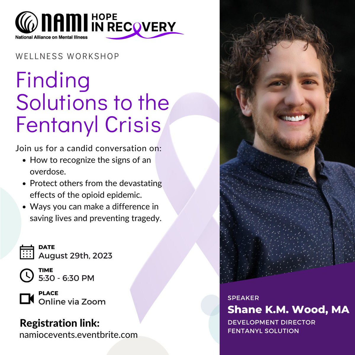 NAMIOC's tweet image. Join us for a Hope in Recovery workshop on August 29th on ZOOM with guest speaker, Shane K.M. Wood, MA! This Hope in Recovery will be focused on Finding Solutions to the Fentanyl Crisis.

Register now on Eventbrite (this link is in our bio!)

#NAMI #HopeInRecovery #FentanylCrisis