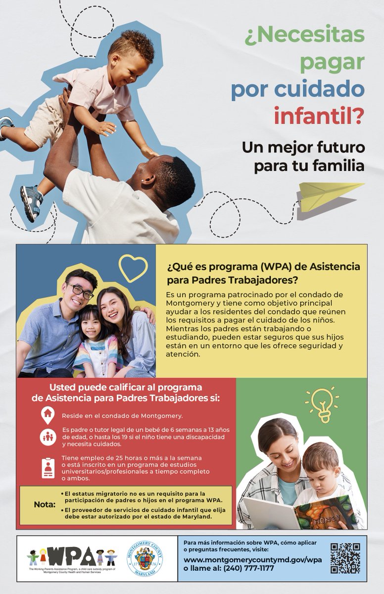 Montgomery County DHHS (@mocodhhs) on Twitter photo Montgomery County's Working Parents Assistance Program is here to help eligible county residents pay for child care.
Visit montgomerycountymd.gov/wpa
or view the fliers for more information. ⬇️
<a href="/MontgomeryCoMD/">Montgomery County MD Government</a> <a href="/MontCoExec/">Montgomery County, MD - County Exec Marc Elrich</a> <a href="/MoCoCouncilMD/">Montgomery Council</a> Montgomery County's Working Parents Assistance Program is here to help eligible county residents pay for child care.
Visit montgomerycountymd.gov/wpa
or view the fliers for more information. ⬇️
<a href="/MontgomeryCoMD/">Montgomery County MD Government</a> <a href="/MontCoExec/">Montgomery County, MD - County Exec Marc Elrich</a> <a href="/MoCoCouncilMD/">Montgomery Council</a>