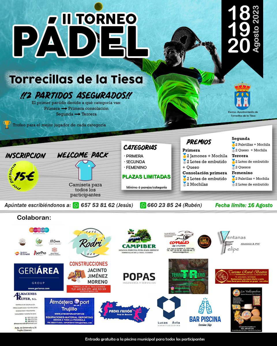 LA COMBI PERFECTA!!! ✌️
Fútbol Sala &amp; Pádel ⚽🎾
18-19-20 de Agosto
Torrecillas de la Tiesa

Ven a disfrutarlo!!!