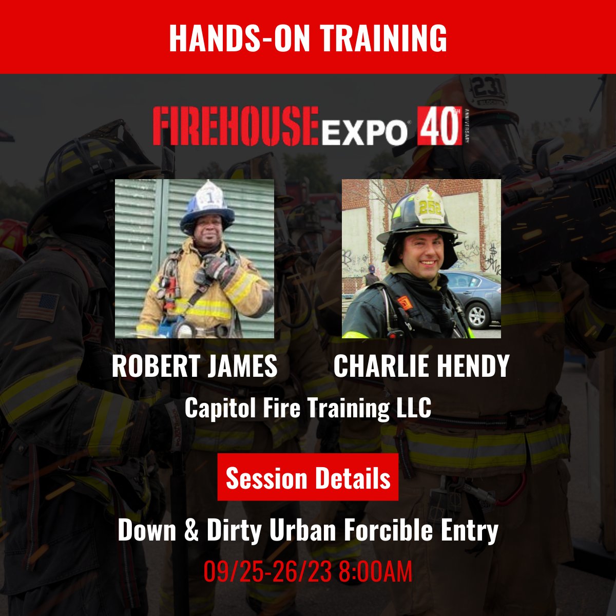 HOT highlight 🔥

Robert James & Charlie Hendy from @CapFireTrng will be leading a forcible entry program designed to teach the firefighter no matter the level of experience the main, basic, and advanced principles of street-smart forcible entry.
bit.ly/3Q2ubXT
#FHExpo23