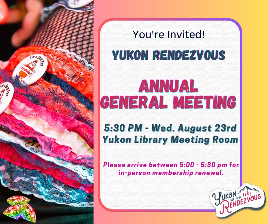 Our Annual General Meeting is on Wednesday Aug. 23rd at 5:30pm at the Yukon Library Meeting Room. Come and be involved in our community's festival, and help plan and execute the 2024 Yukon Rendezvous Festival!
5pm to 5:30pm -  Membership Renewal 
5:30pm - AGM Call to Order