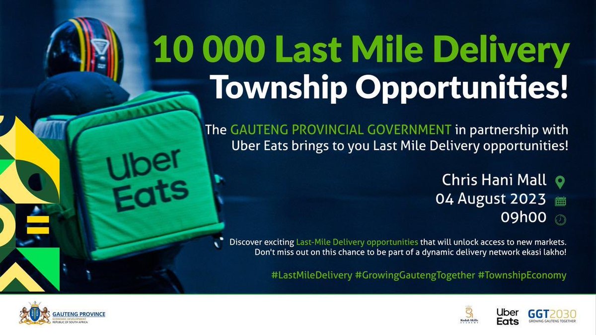 Lesufi's tweet photo. This Friday 10000 South Africans will take over Uber deliveries as we provide them with motorbikes, skills and funding.Thanks to you ⁦@UberEats⁩ for sharing our vision. We will pump this economy from all sides.Less talk more work! ⁦@TasneemMotara⁩ https://t.co/FIFmpzP5ML