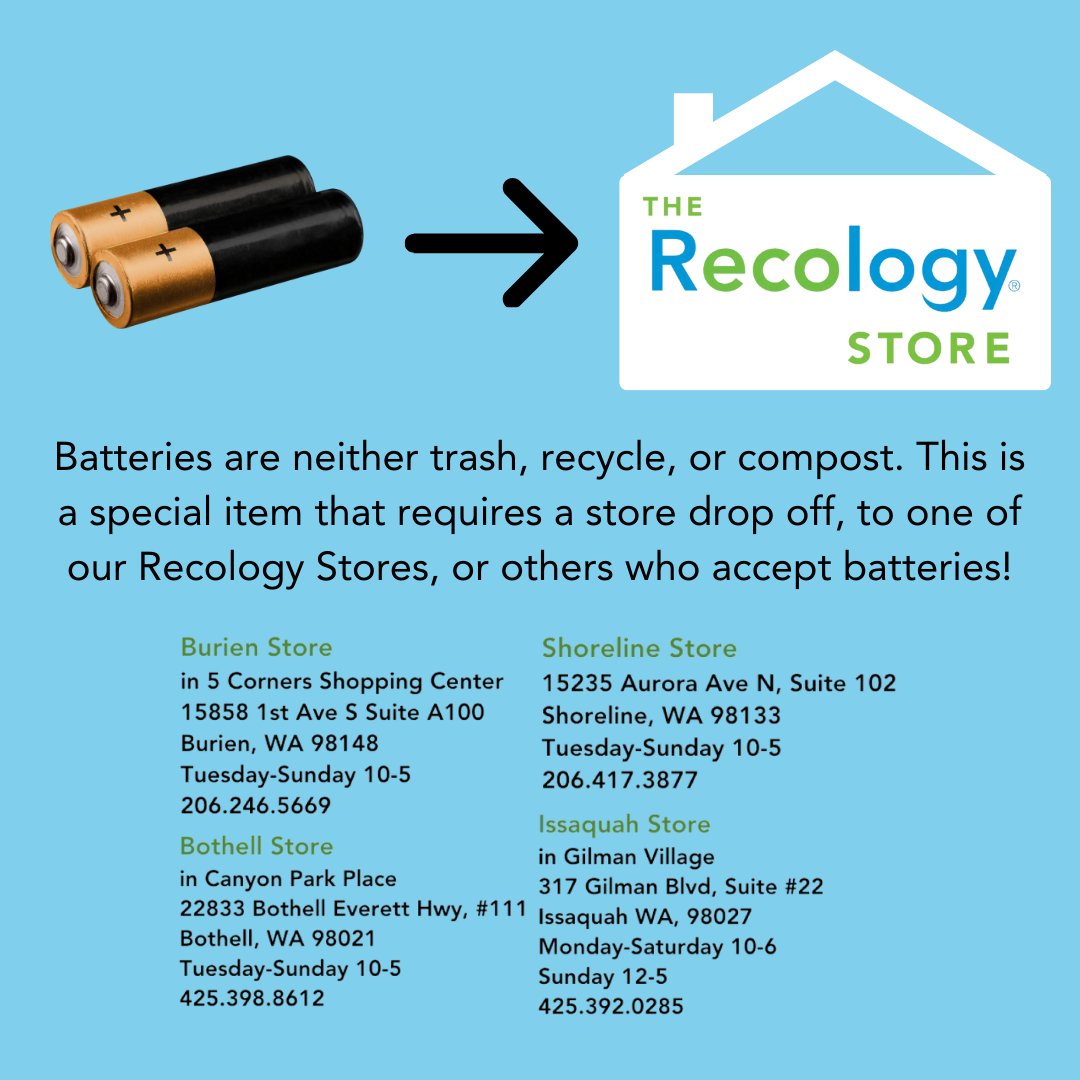 RecologyKC's tweet photo. Batteries are a special item and must be taken to our Recology Stores or another drop-off location that accepts batteries to safely dispose of them! Please keep these out of the trash, recycle, and compost. ♻️ #WDIGW https://t.co/HP7hYBGx6O