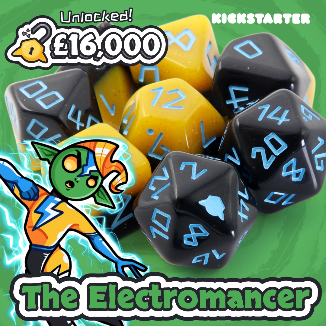 DiceGoblinUK's tweet photo. The Electromancer has joined the party ⚡ The next goal is £17k for the Gunslinger 🤠
ONLY 42 HOURS LEFT TO PLEDGE Y'ALL!
Campaign 👉 https://t.co/dix1pnU0hi
#dicegobin #dice #dnddice #rpgdice #dnd #kickstarter #dndkickstarter #dicekickstarter #dnd5e #ttrpg https://t.co/we7uKY7F5z