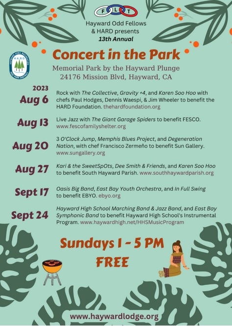saralamnin's tweet photo. Join in on Sunday, August 6, to support #HARDFoundation 1-5p Memorial Park stage next to The Plunge. Thank you #HaywardOddFellows for this annual concert series supporting local non-profits through food sales and donations & #TheCollective #Gravity+4 #KarenSooHoo for your music https://t.co/WJbRmsCa0O