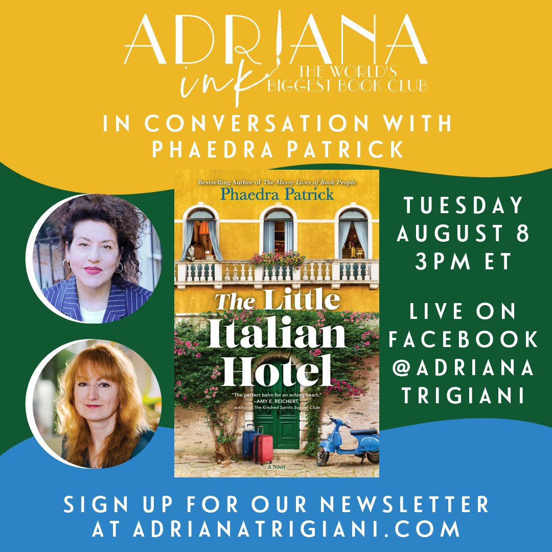Join me and brilliant bestselling author @adrianatrigiani in conversation on Tuesday 8th August at 3pm (Eastern Time) LIVE on her Facebook page. We’ll be chatting all about my new novel #TheLittleItalianHotel and more 😀 #adrianatrigiani @parkrowbooks