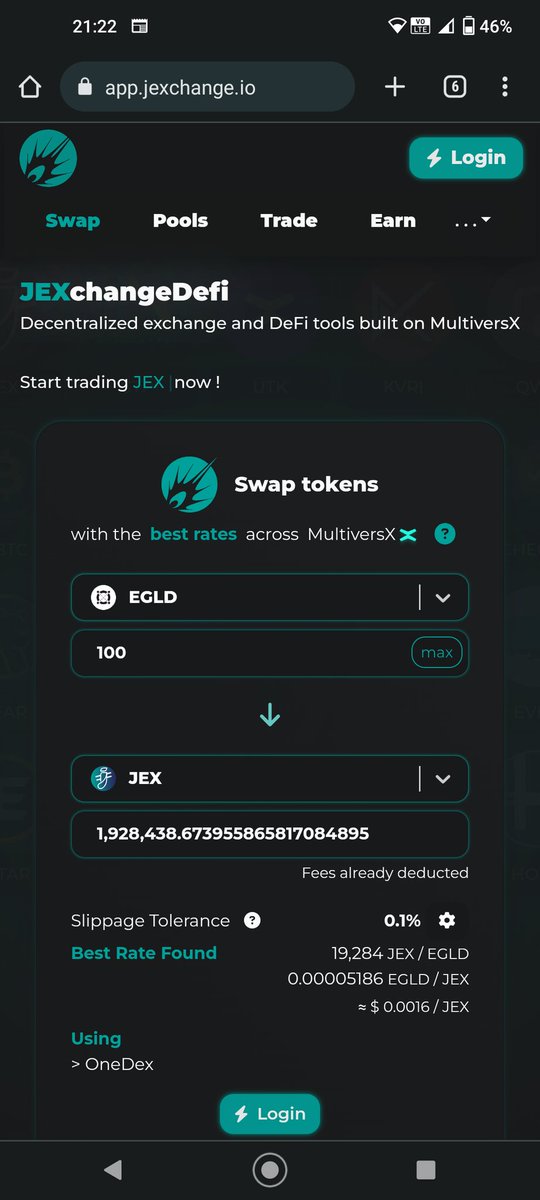 Day 104 - hello dear followers. Wishing you a great night/day. You have the chance to meet me in person in 11 August in #clujnapoca. Will have details soon. 
Today dear #MultiversX and @JEXchangeDefi, with 100 #egld you can buy 1.92 mil $jex. Now this is a discount of discount.