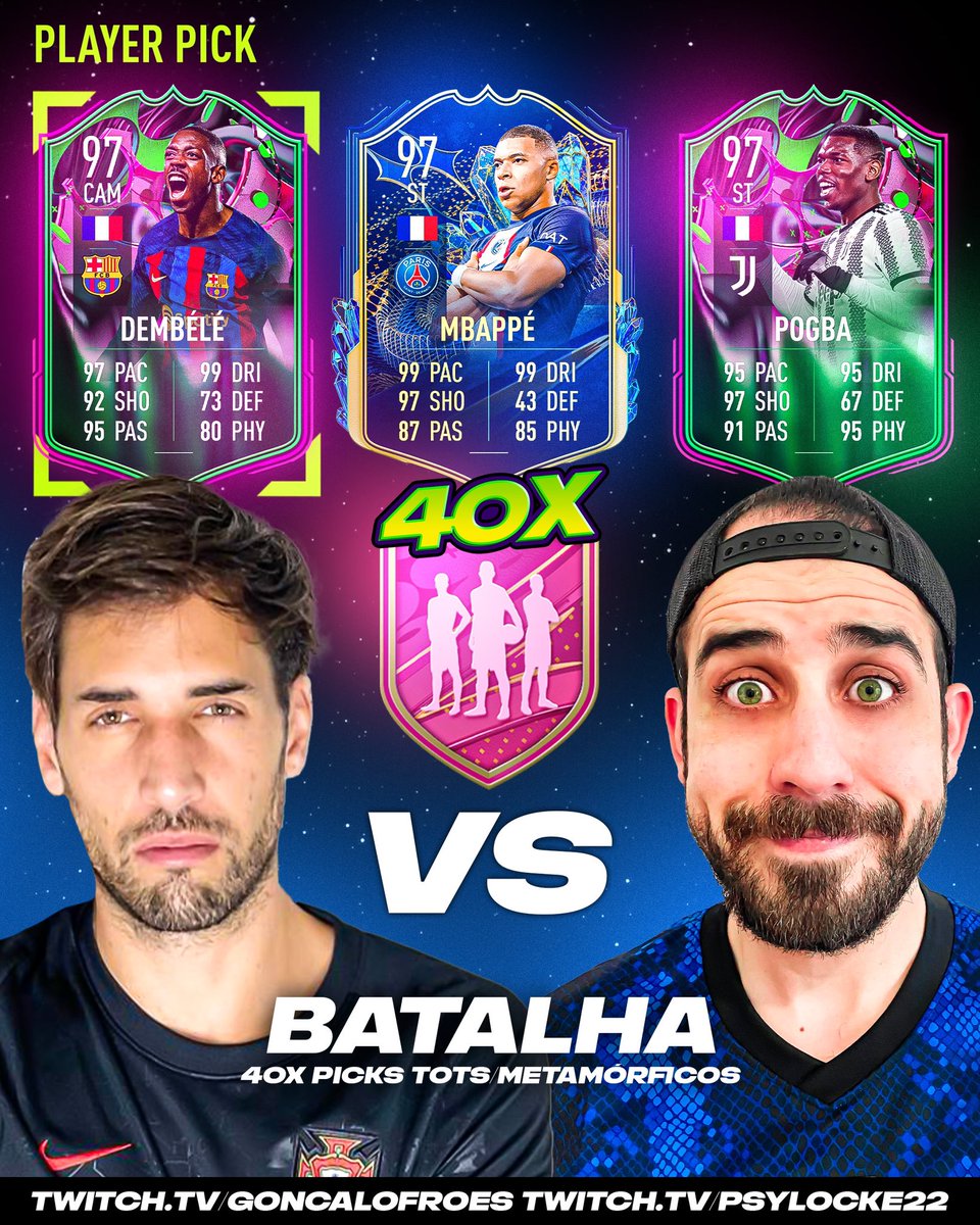 Hoje às 21 horas: twitch.tv/goncalofroes
BATALHA ESPECIAL ⚔️
4️⃣0️⃣ PLAYER PICKS TOTS/ METAMÓRFICOS ⚽️
+3 MILHÕES DE COINS EM PICKS 💰
Castigo para o Derrotado 😬
W/ <a href="/Psylocke22Fifa/">Psylocke22</a>