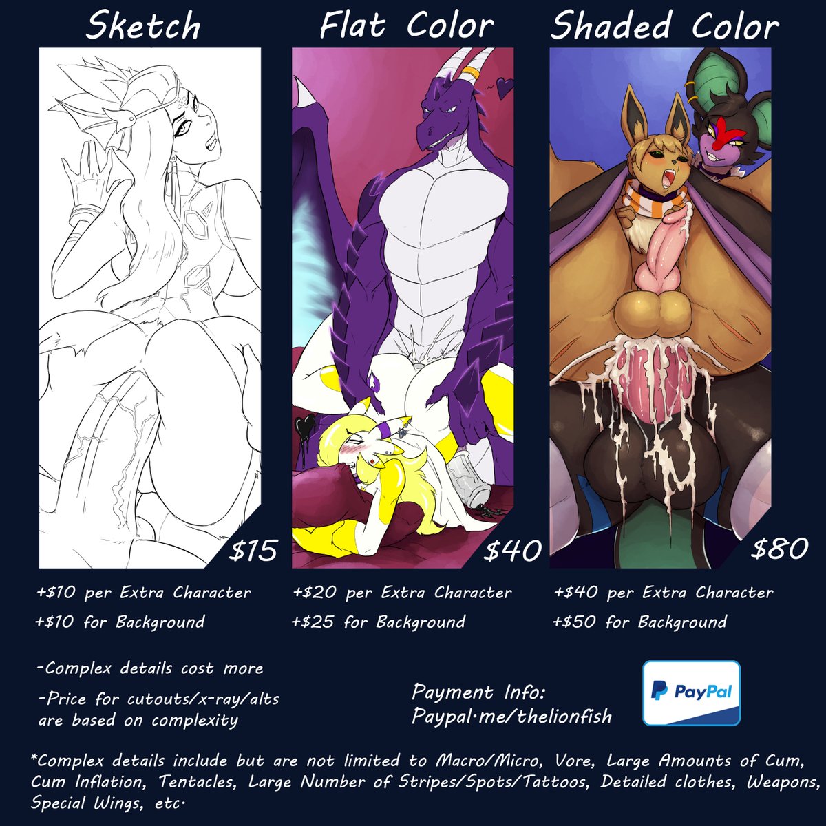 New price sheet! Message me for details or to get a commission.

#pricesheet #furryart #anal #sketch #color #cum #thelionfish