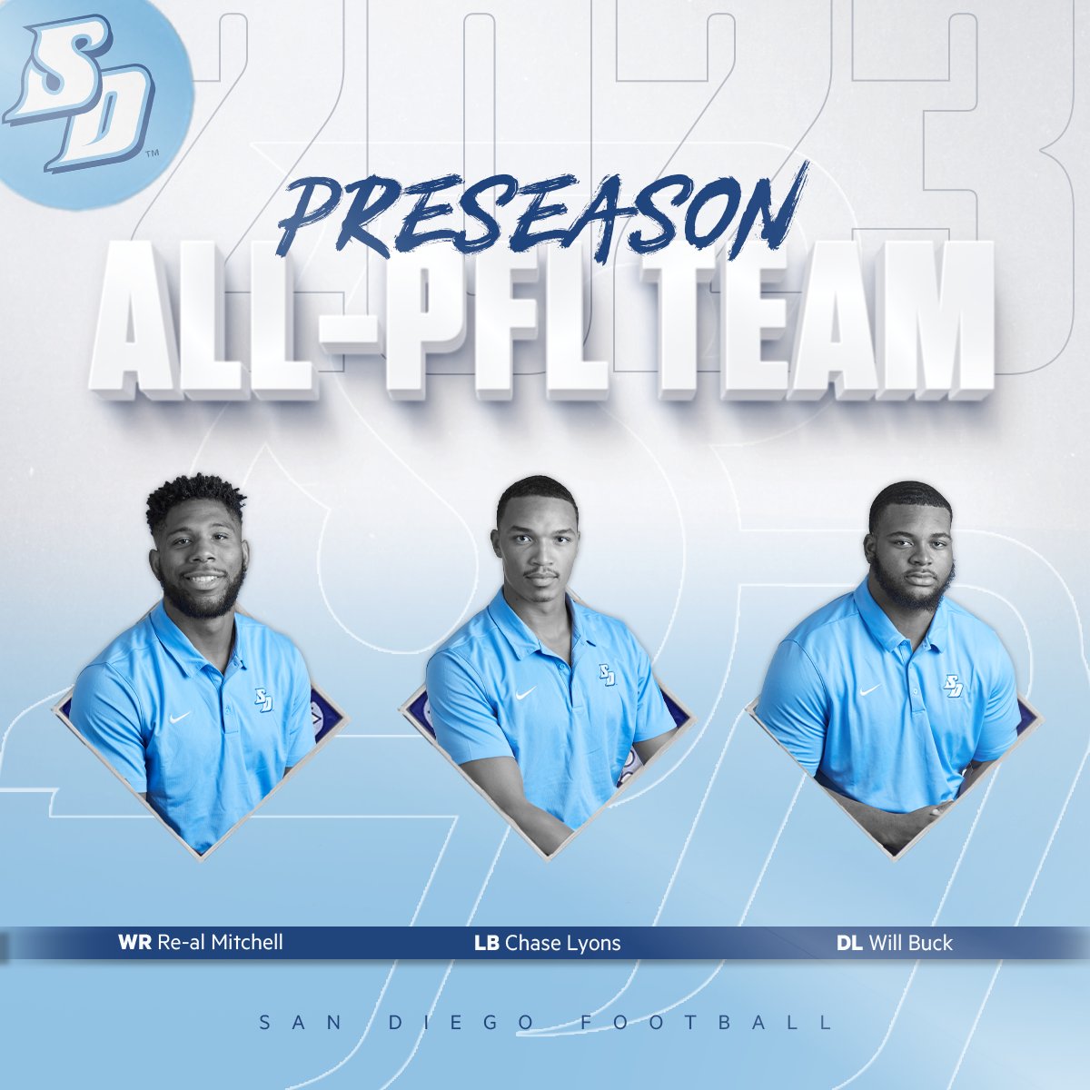 Big things ahead for these three.

Congrats to Re-al Mitchell, Chase Lyons, and Will Buck for being named to the 2023 Preseason All-PFL Team!

🗞: bit.ly/44SRvMj

<a href="/PFLNews/">Pioneer Football</a> | #GoToreros