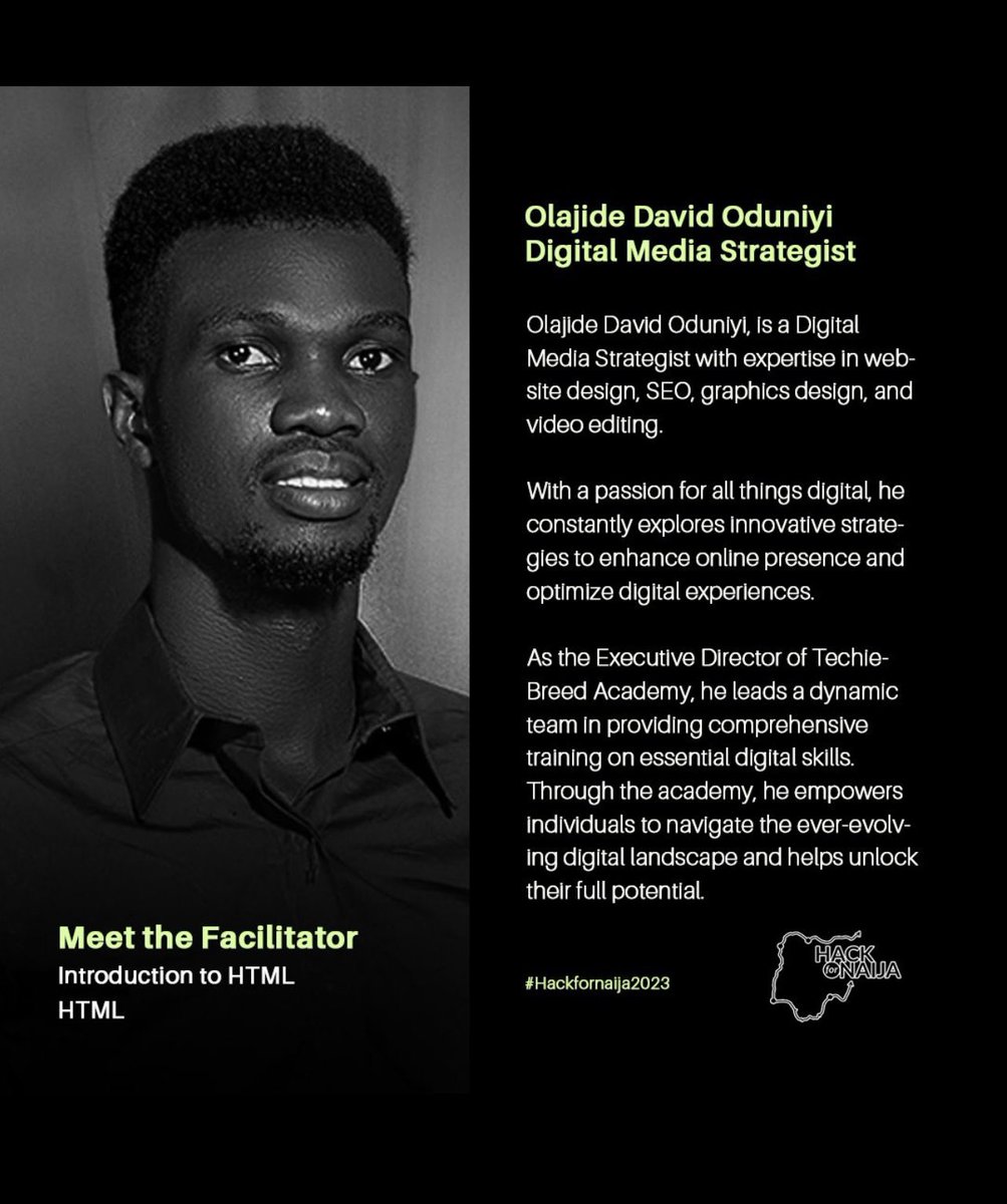 Hack4naija's tweet photo. Meet our #VolunteerFacilitator @OduniyiOlajide
Take the leap into tech @hackfornaija’s 1 month long free tech workshops.
Don't miss this opportunity!
Click to register for free #techskills workshops👇🏾
https://t.co/aVjzNo9VX2
#hackfornaija
#hack4naija
#techcareerskills https://t.co/G6861ZbY9r