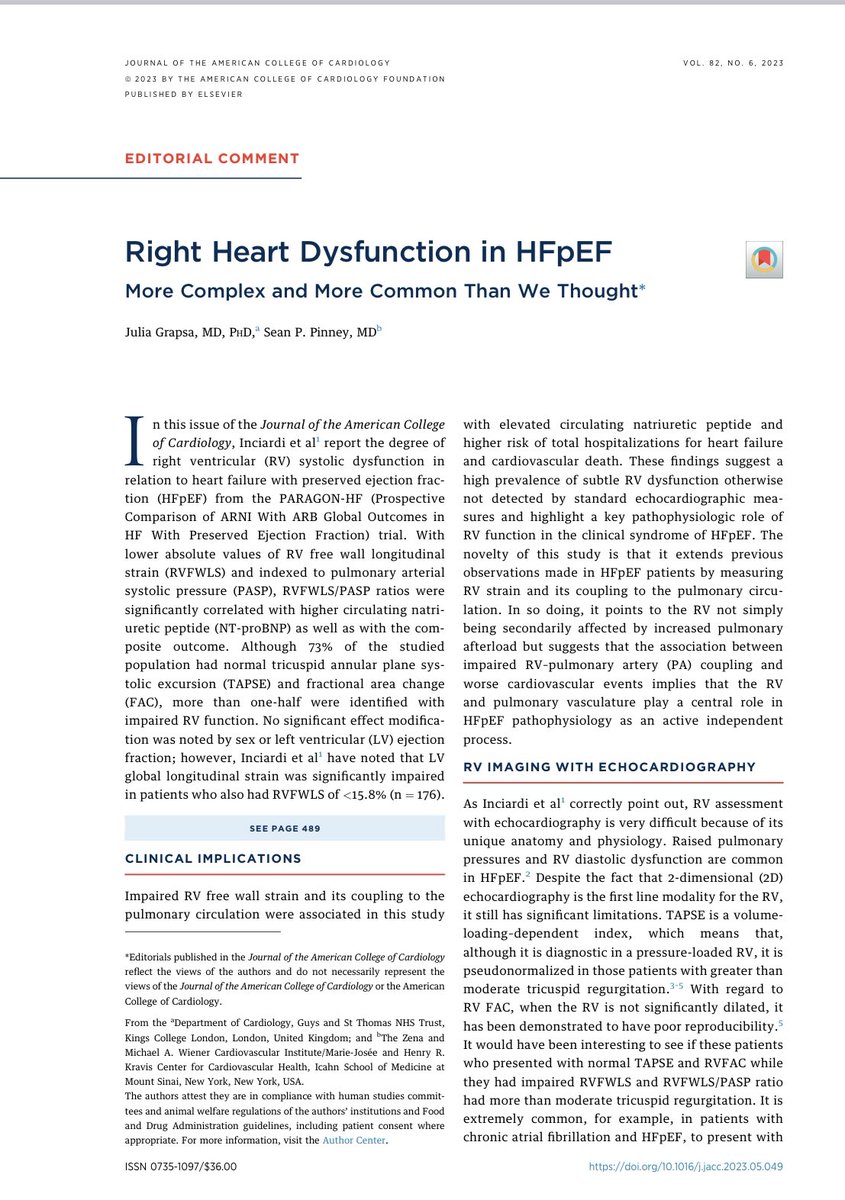 Was a great honour to write this editorial for @JACCJournals with legendary @spinneymd ➡️ @ACCinTouch Right Heart Dysfunction in HFpEF: More Complex and More Common Than We Thought∗ | Journal of the American College of Cardiology jacc.org/doi/10.1016/j.…