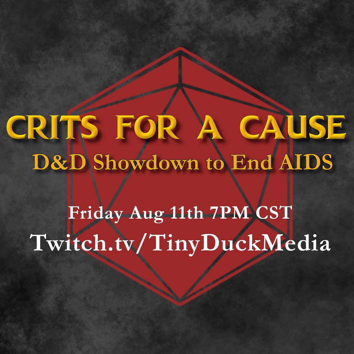 tinyduckmedia's tweet photo. Join TinyDuck as we battle to end AIDS in Illinois! Tune in to 1 v 1 battles as we raise money for @AIDSChicago. Donate live during the event to buy your champion health potions, spells slots, and other fun prizes!

https://t.co/BrYr9Gj46H
#CritsForACause #DnD #AIDSRunWalkChicago https://t.co/5WfJVg2nS6