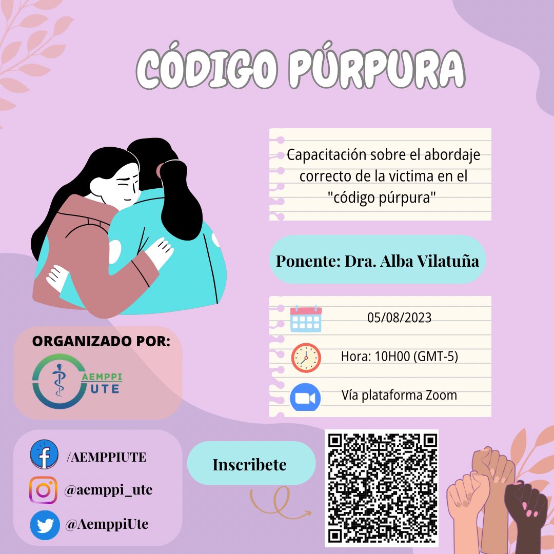 AemppiUte's tweet photo. SCORP y SCOME de AEMPPI UTE💙💚 tiene el honor de invitarles al proyecto: “Código Púrpura””.
Sábado, 05  de Agosto del 2023 a las 10h00 Hrs. (Hora de Ecuador) 
👩🏻‍⚕️Ponente : Dra.Alba Vilatuña
Plataforma: ZOOM💚💙
📎 Link de inscripción 👉🏼
https://t.co/Ay29ldx0Ve https://t.co/jJkVyQ1gHj