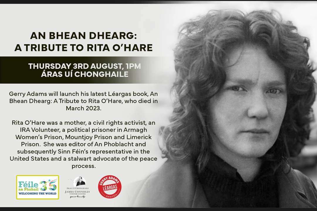 AnFhuiseog's tweet photo. ⌚️Tomorrow, 1pm
📍Áras Uí Chonghaile

@GerryAdamsSF launches his latest Léargas book, An Bhean Dhearg: A Tribute to Rita O’Hare, who died in March 2023.

Rita was a civil rights activist, IRA Volunteer, SF representative in the US and stalwart advocate of the peace process https://t.co/zKmxDbYPb1