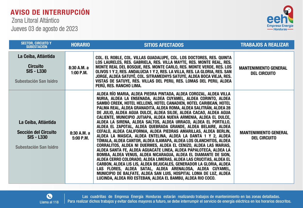 EnergiaHonduras's tweet photo. #EEHTeInforma Compartimos avisos de interrupción del servicio de energía programados para el jueves 03 de agosto de 2023. Recuerda tomar las medidas de precaución necesarias. https://t.co/kFL3wZkaN7